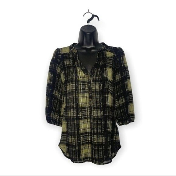 Princess by Vera Wang Blouse Women’s XS Windowpane Plaid Green Lace Up Tunic - Picture 8 of 8